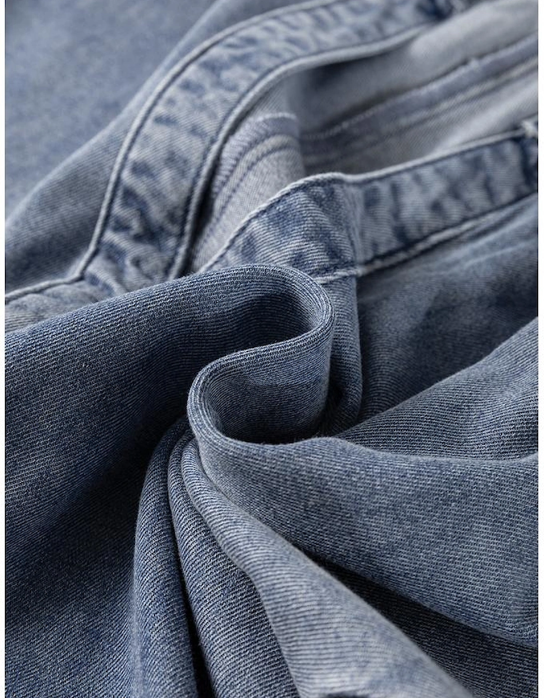 Dusk Blue V Neck Ruffled Short Puff Sleeve Denim Top