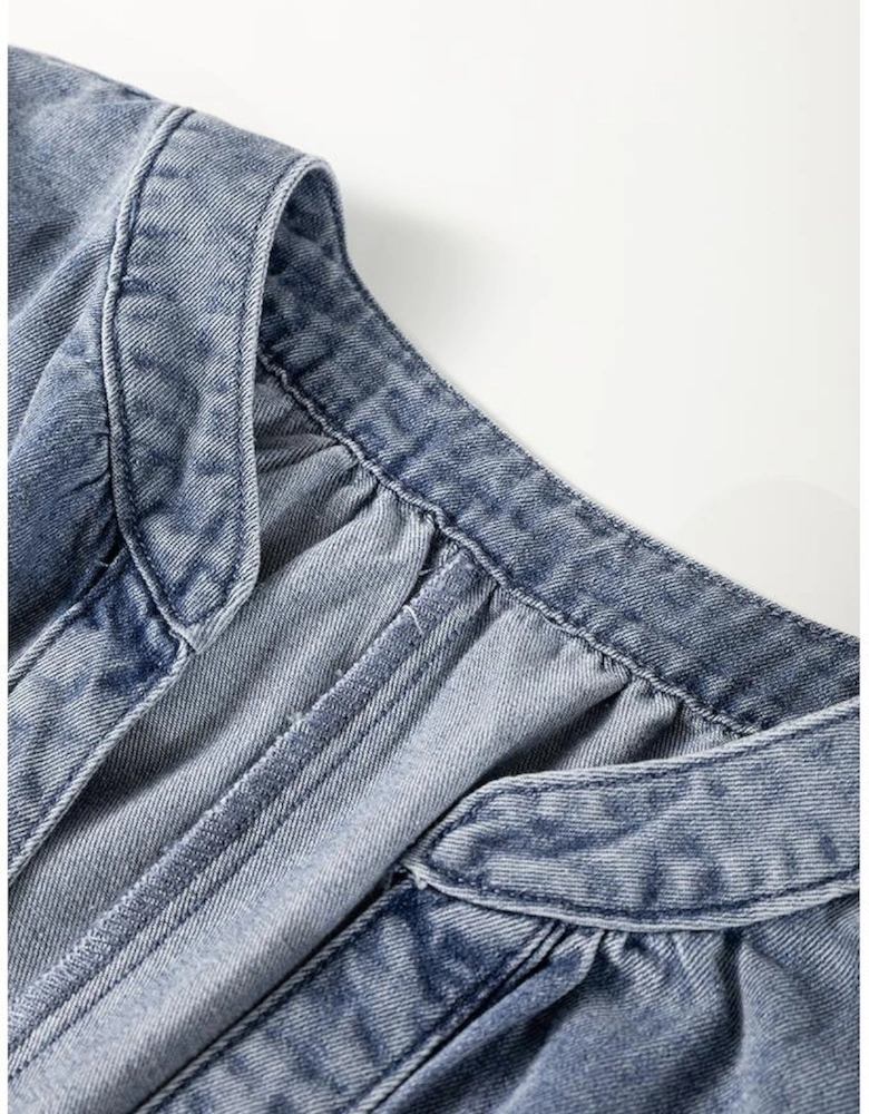 Dusk Blue V Neck Ruffled Short Puff Sleeve Denim Top