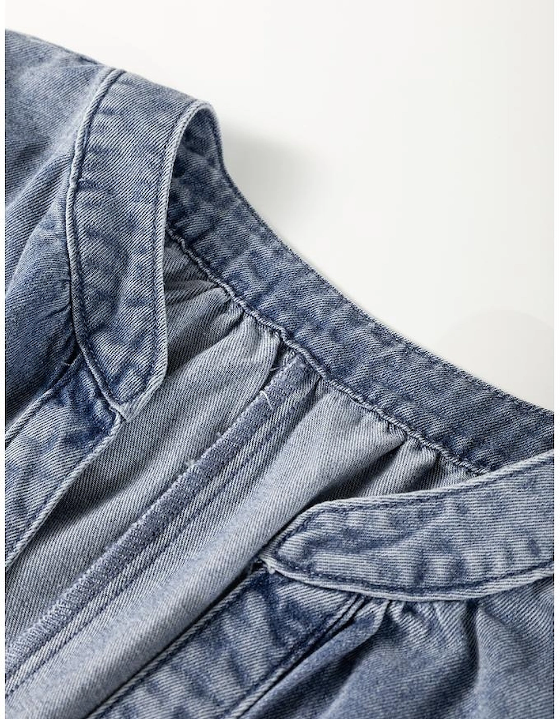 Dusk Blue V Neck Ruffled Short Puff Sleeve Denim Top