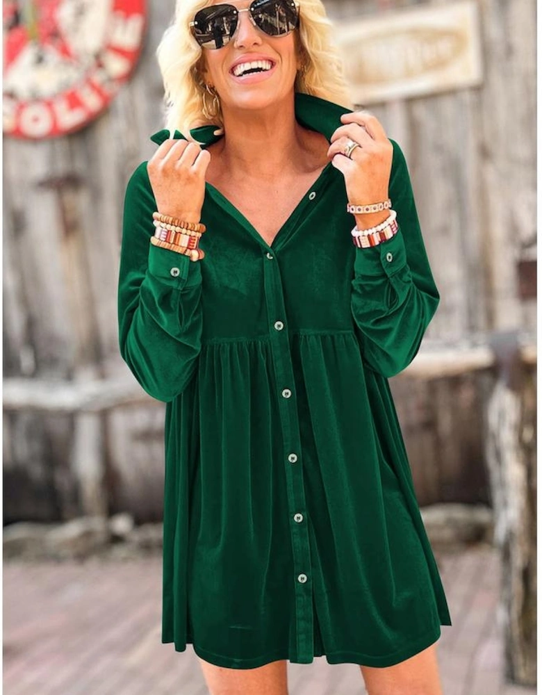 Green Long Sleeve Ruffle Velvet Button Up Dress