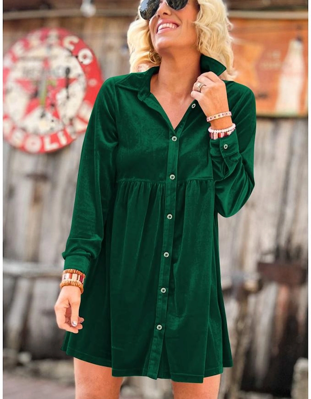 Green Long Sleeve Ruffle Velvet Button Up Dress, 6 of 5