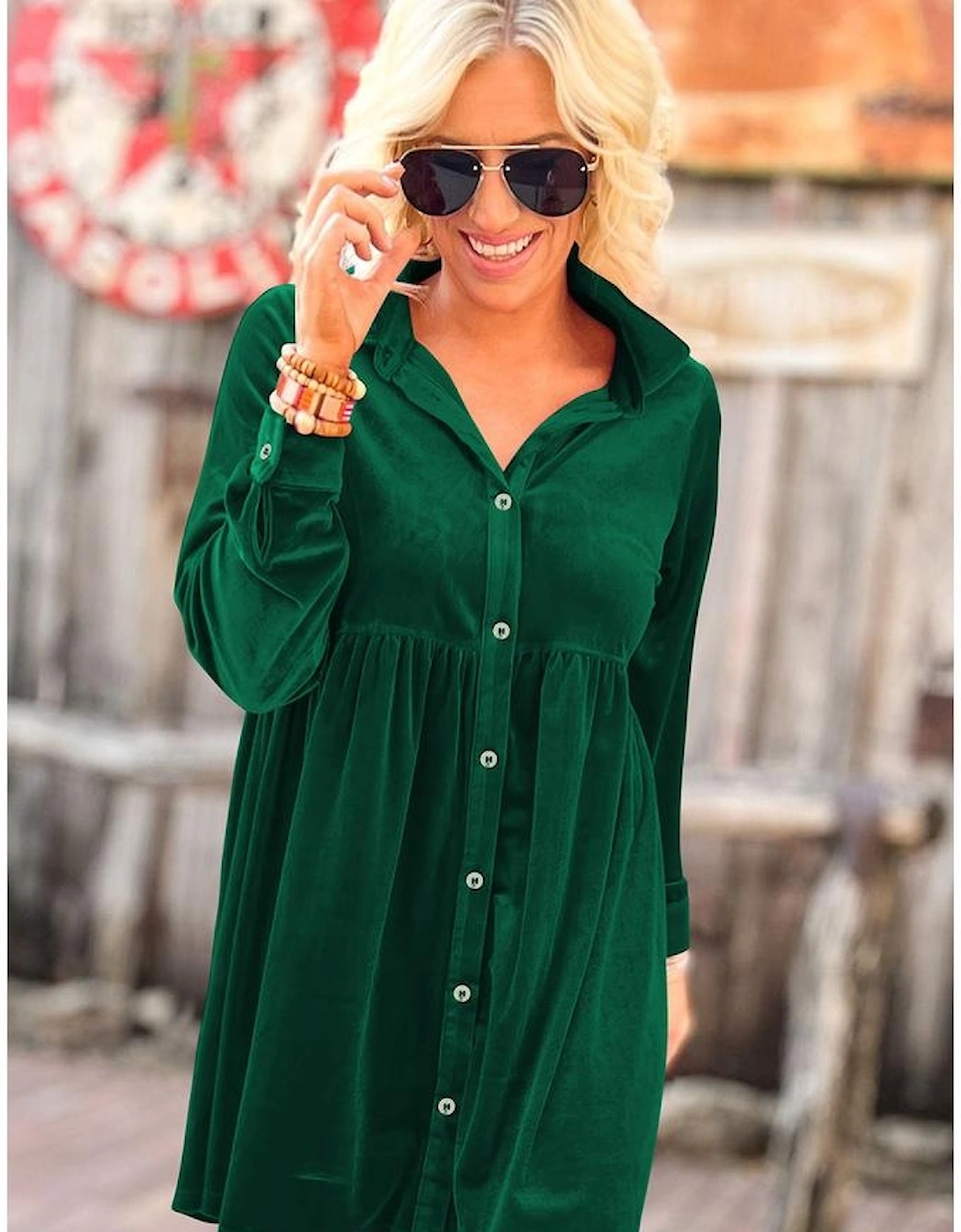 Green Long Sleeve Ruffle Velvet Button Up Dress