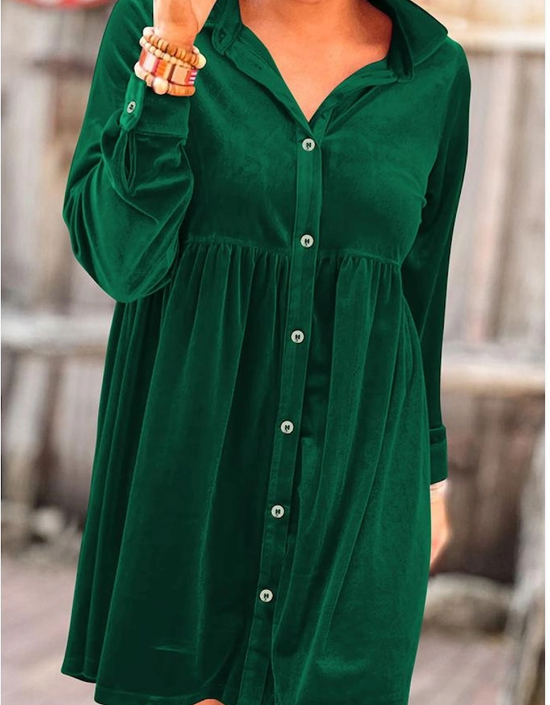 Green Long Sleeve Ruffle Velvet Button Up Dress