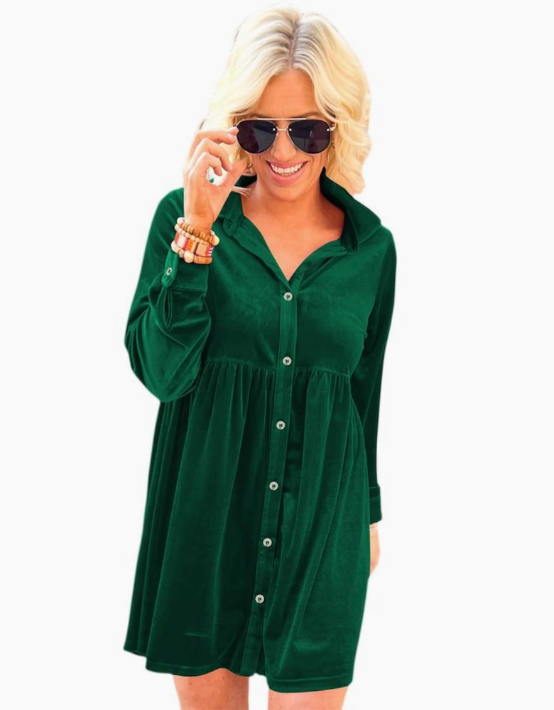 Green Long Sleeve Ruffle Velvet Button Up Dress