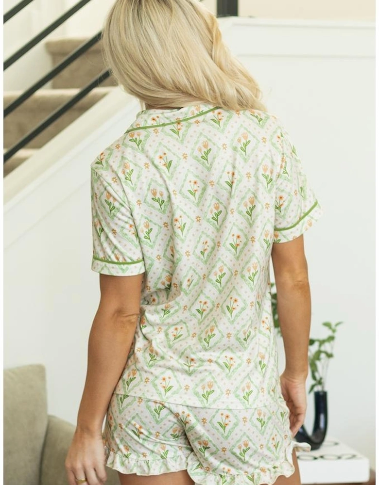Green Floral Print Turn-down Collar Short Pajamas Set