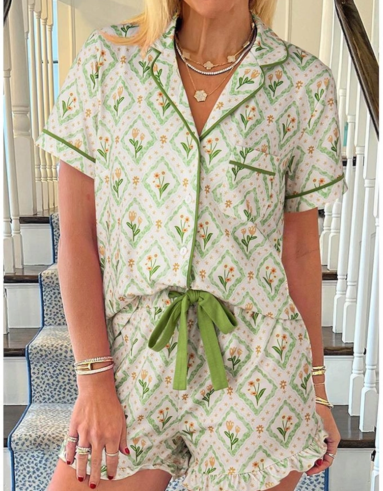 Green Floral Print Turn-down Collar Short Pajamas Set