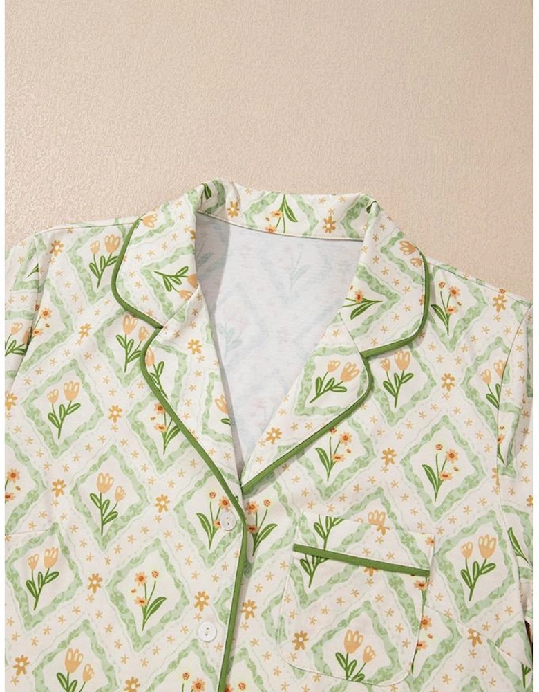 Green Floral Print Turn-down Collar Short Pajamas Set