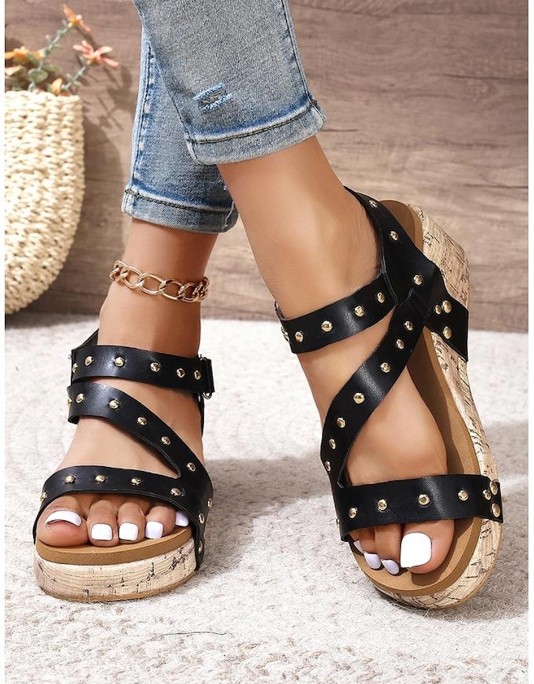 Black Rivet Hollow Out Leather Wedge Sandals, 5 of 4