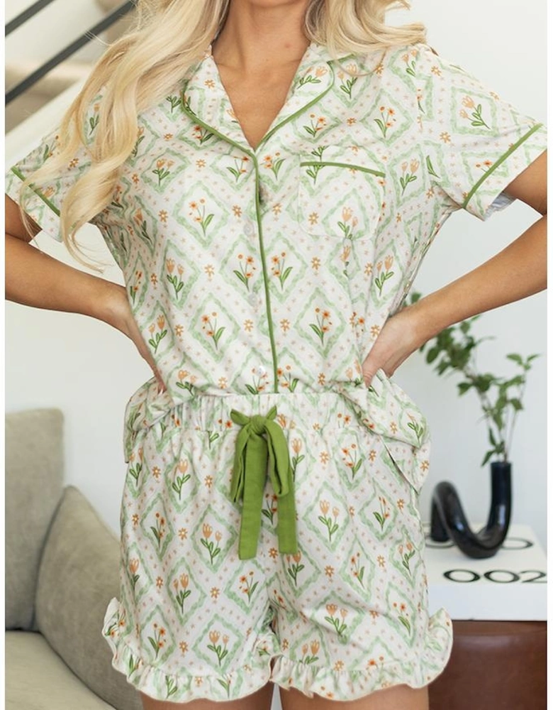 Green Floral Print Turn-down Collar Short Pajamas Set