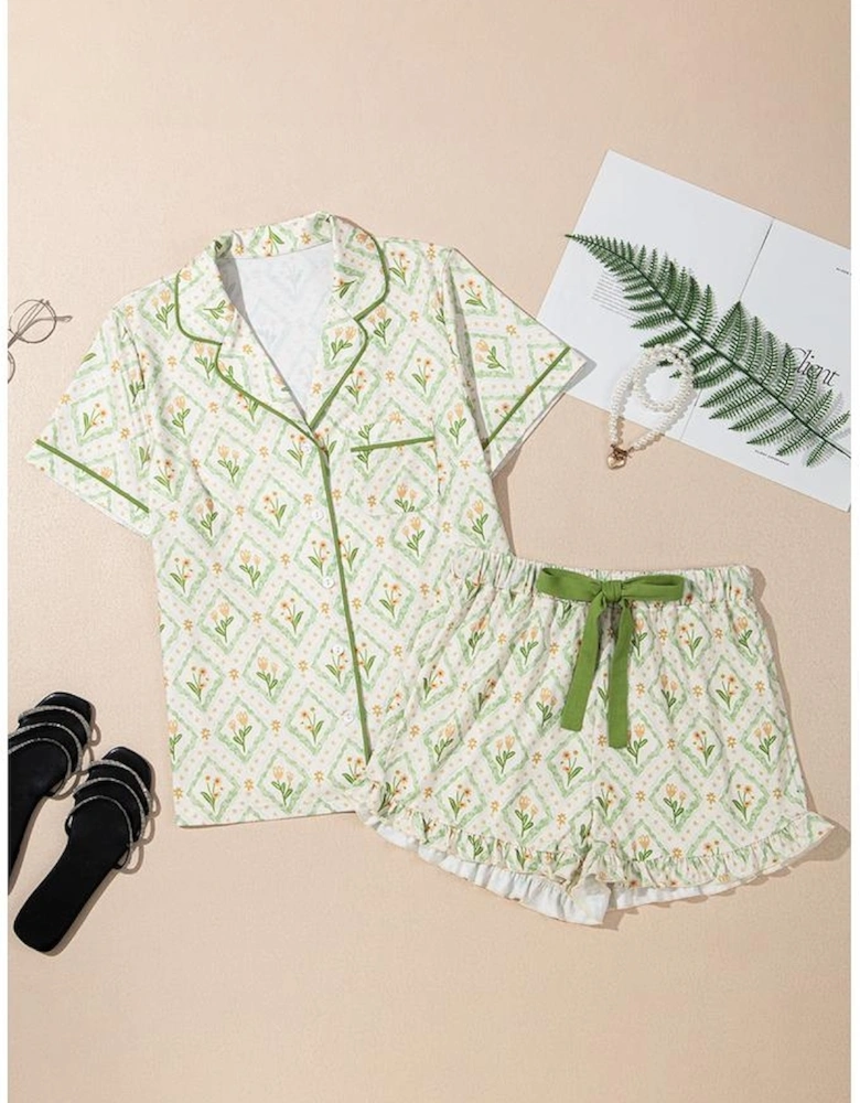 Green Floral Print Turn-down Collar Short Pajamas Set