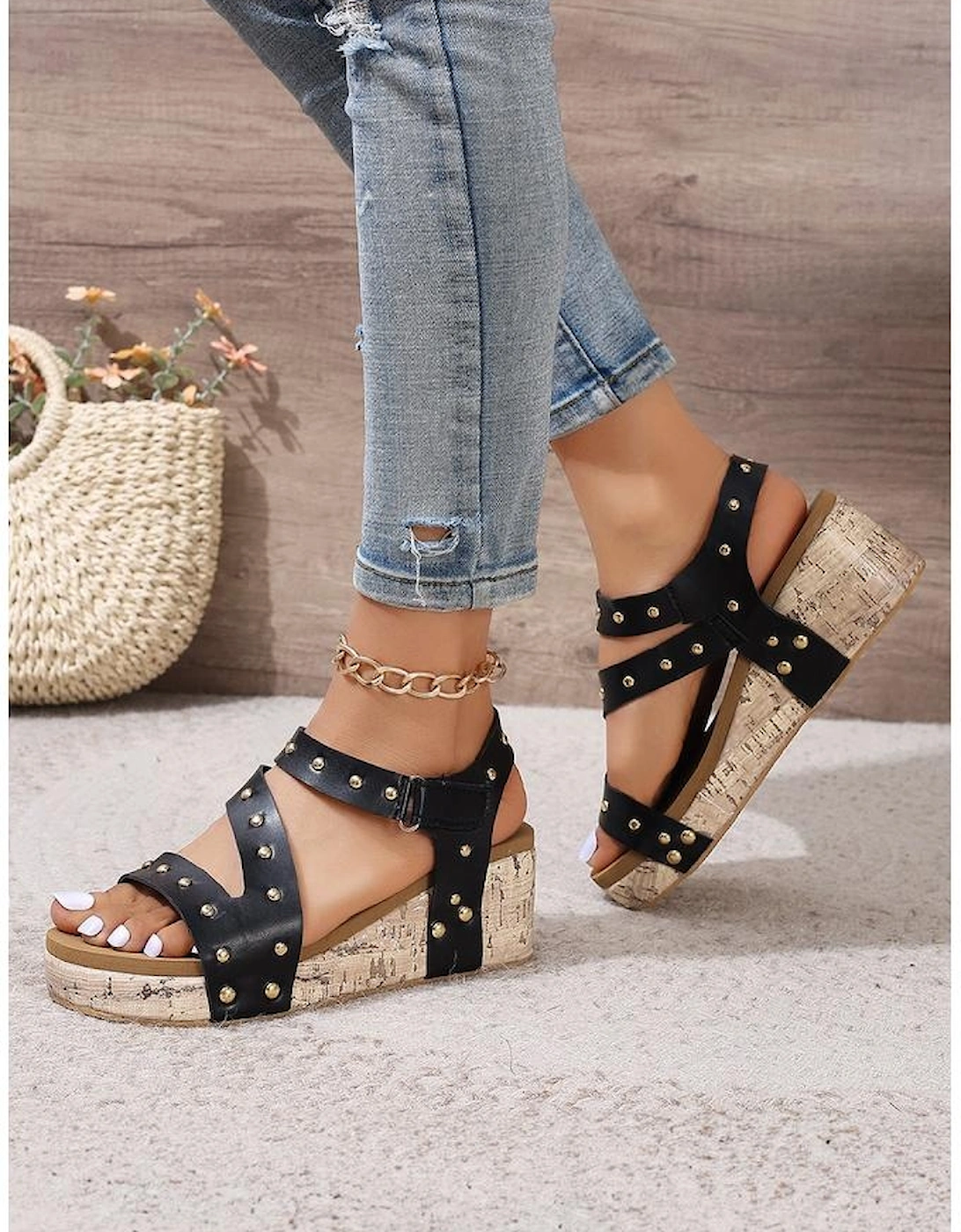 Black Rivet Hollow Out Leather Wedge Sandals