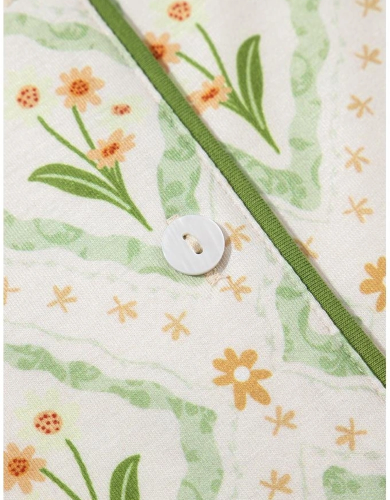 Green Floral Print Turn-down Collar Short Pajamas Set