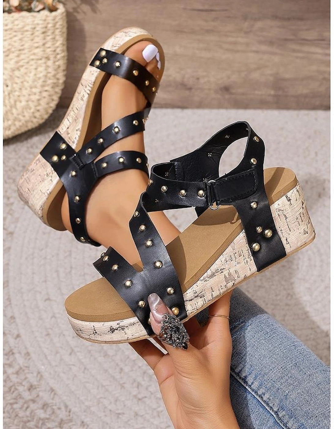 Black Rivet Hollow Out Leather Wedge Sandals