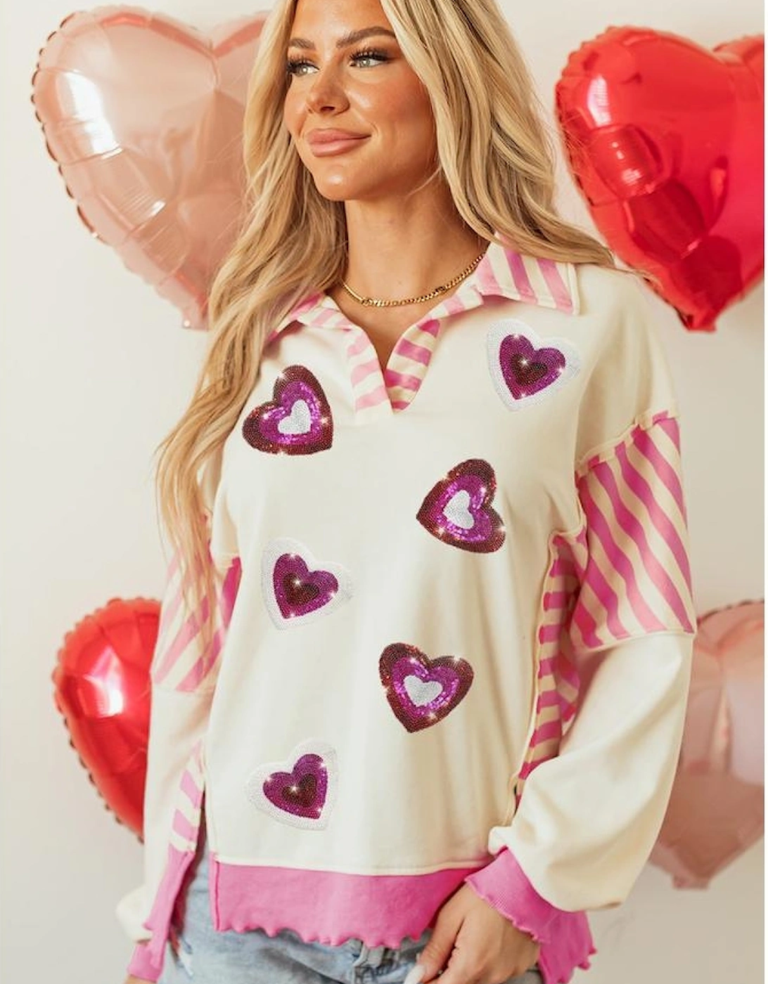 Pink Stripe Patchwork Sequin Heart Pattern Long Sleeve Collared Split Top