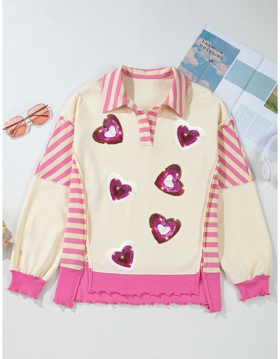Pink Stripe Patchwork Sequin Heart Pattern Long Sleeve Collared Split Top