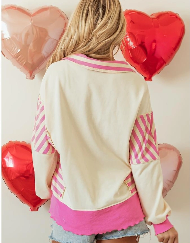 Pink Stripe Patchwork Sequin Heart Pattern Long Sleeve Collared Split Top