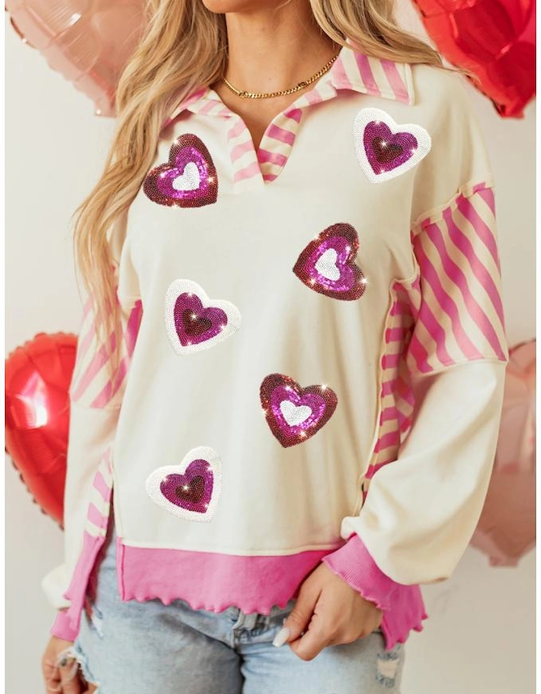 Pink Stripe Patchwork Sequin Heart Pattern Long Sleeve Collared Split Top