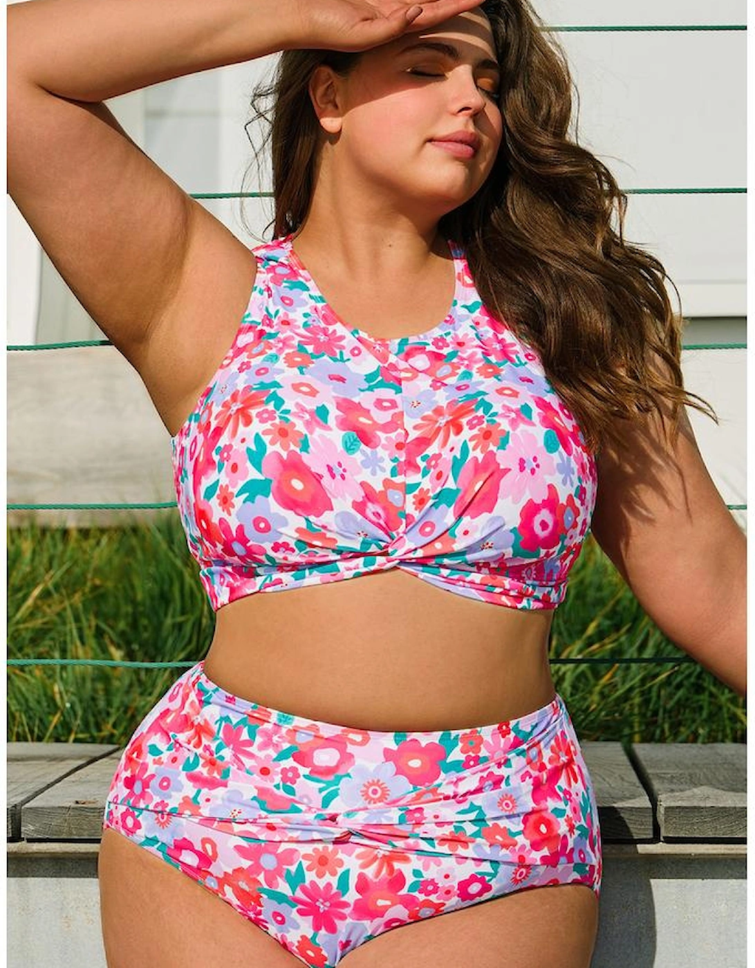 Rose Plus Size Floral Print Twisted High Waist Bikini Set