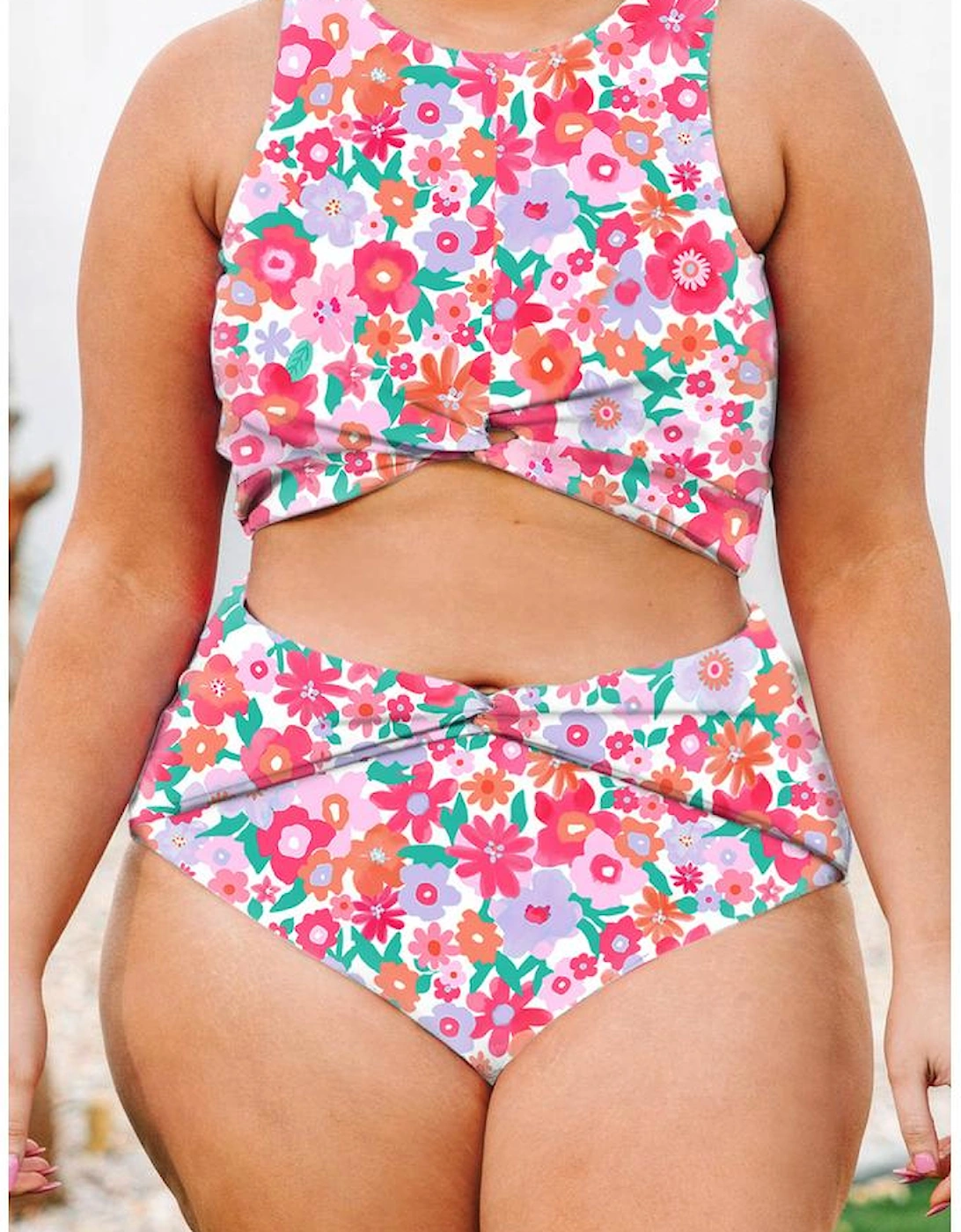 Rose Plus Size Floral Print Twisted High Waist Bikini Set