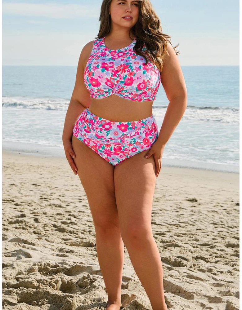 Rose Plus Size Floral Print Twisted High Waist Bikini Set