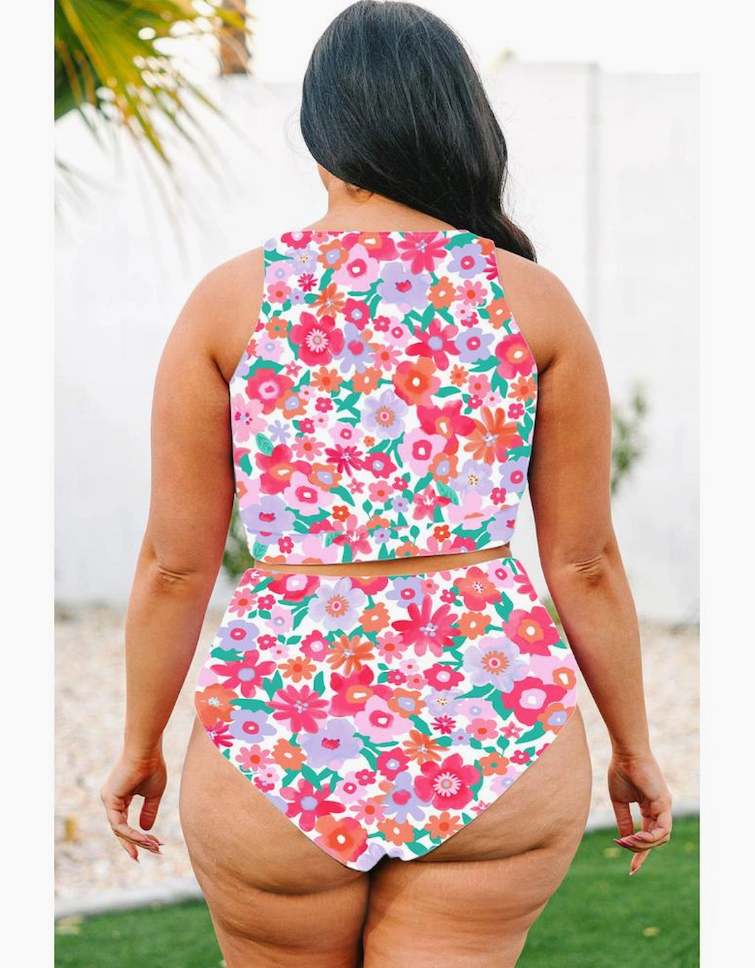 Rose Plus Size Floral Print Twisted High Waist Bikini Set