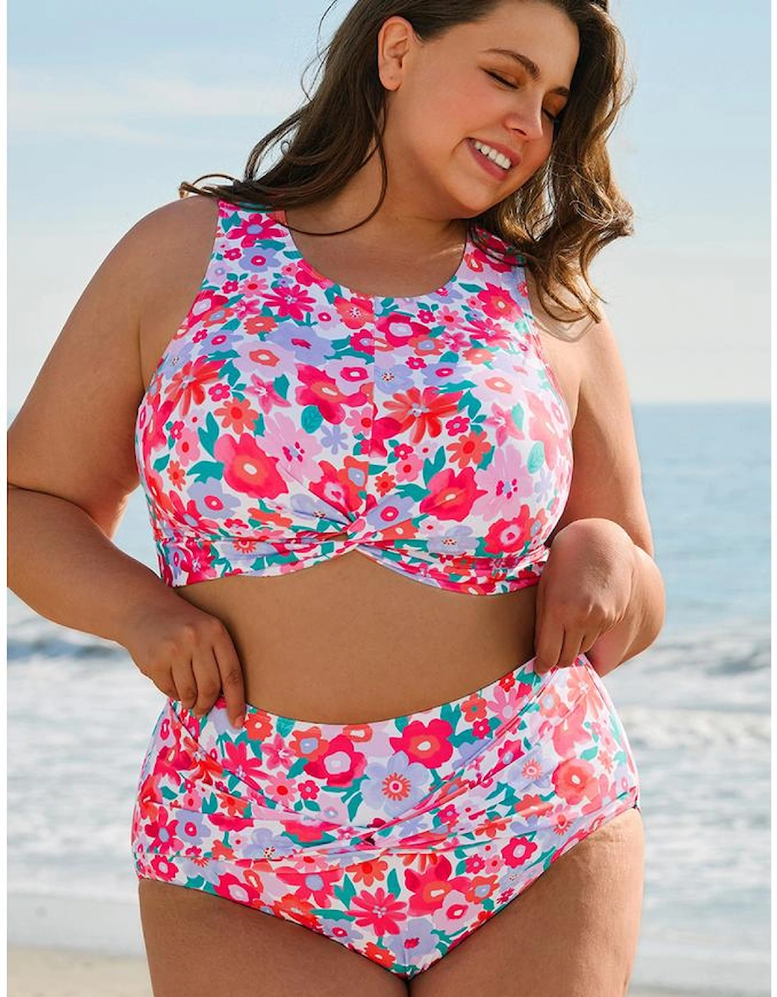 Rose Plus Size Floral Print Twisted High Waist Bikini Set