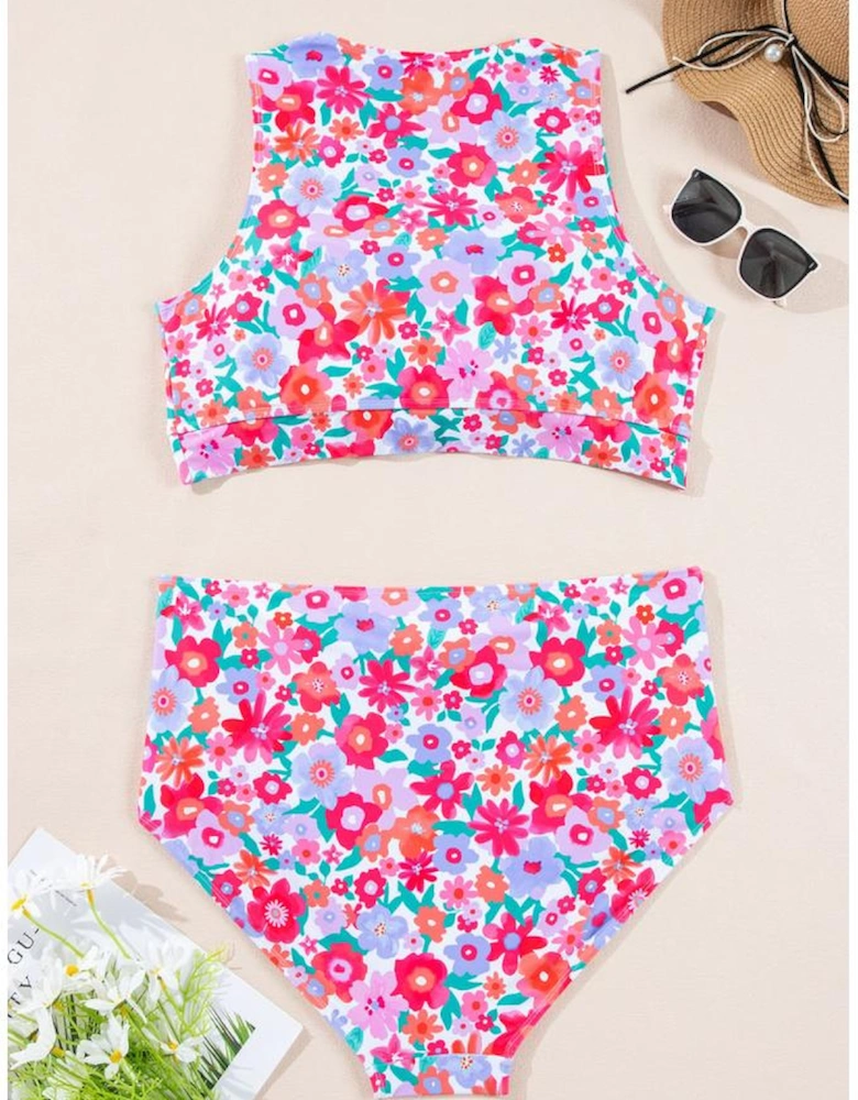Rose Plus Size Floral Print Twisted High Waist Bikini Set