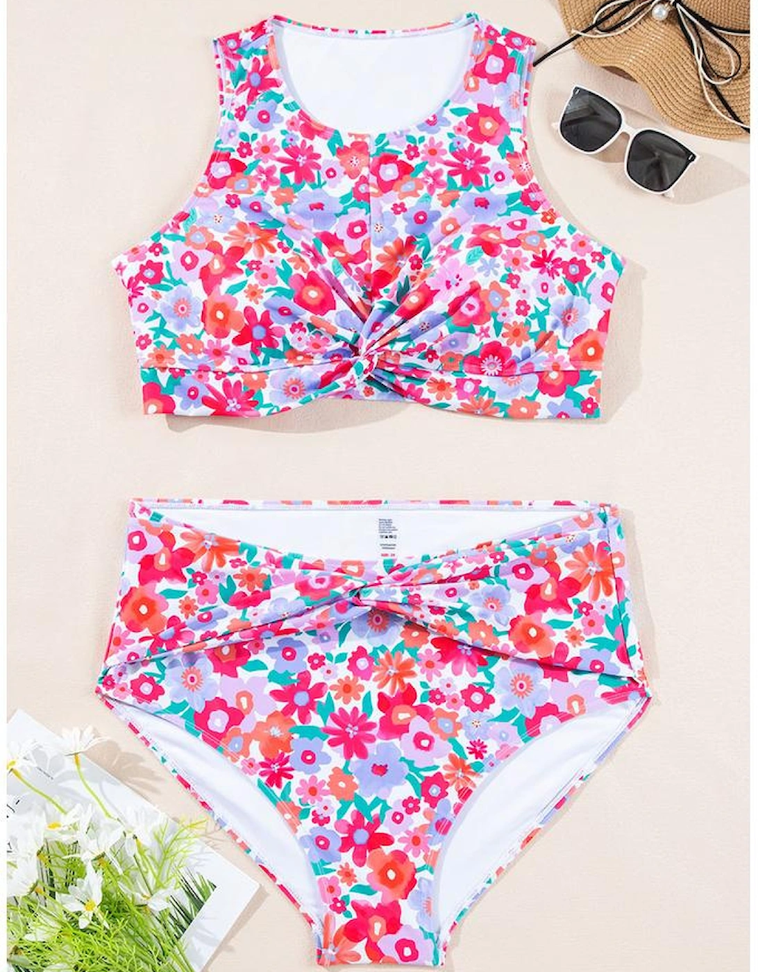 Rose Plus Size Floral Print Twisted High Waist Bikini Set