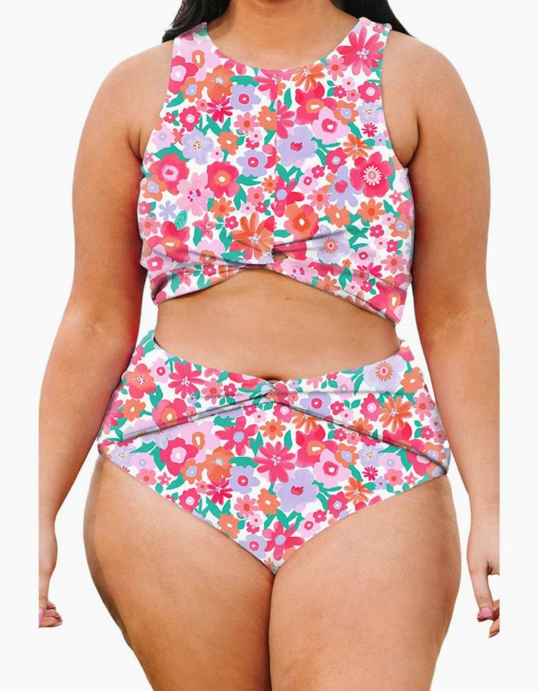 Rose Plus Size Floral Print Twisted High Waist Bikini Set