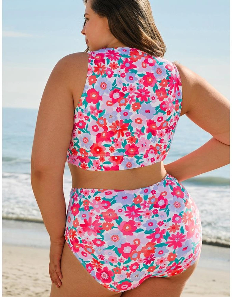 Rose Plus Size Floral Print Twisted High Waist Bikini Set