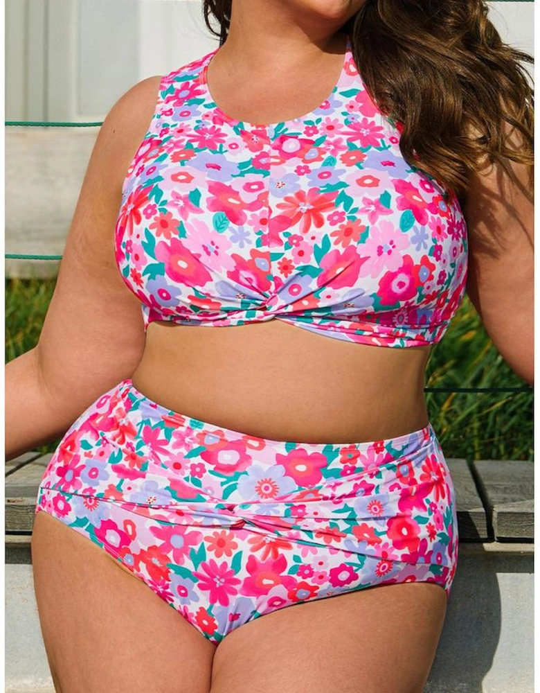 Rose Plus Size Floral Print Twisted High Waist Bikini Set