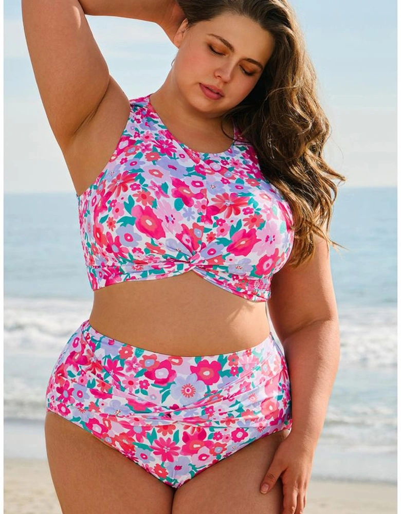 Rose Plus Size Floral Print Twisted High Waist Bikini Set
