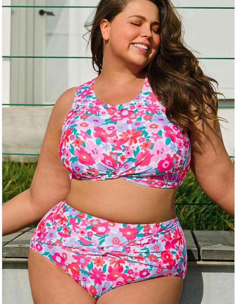 Rose Plus Size Floral Print Twisted High Waist Bikini Set