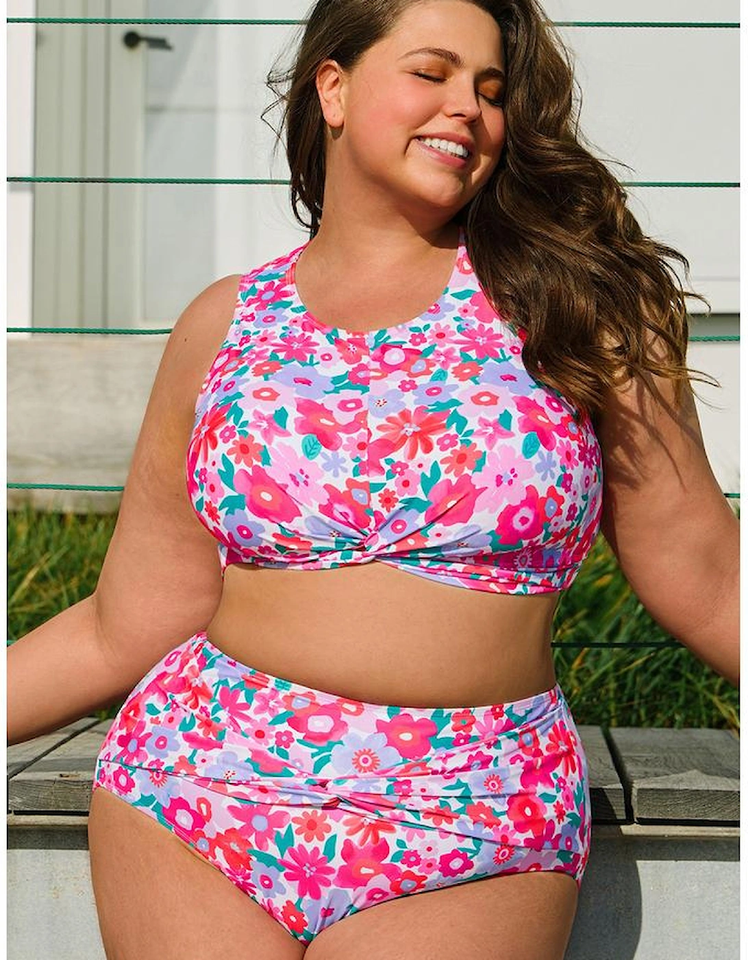 Rose Plus Size Floral Print Twisted High Waist Bikini Set
