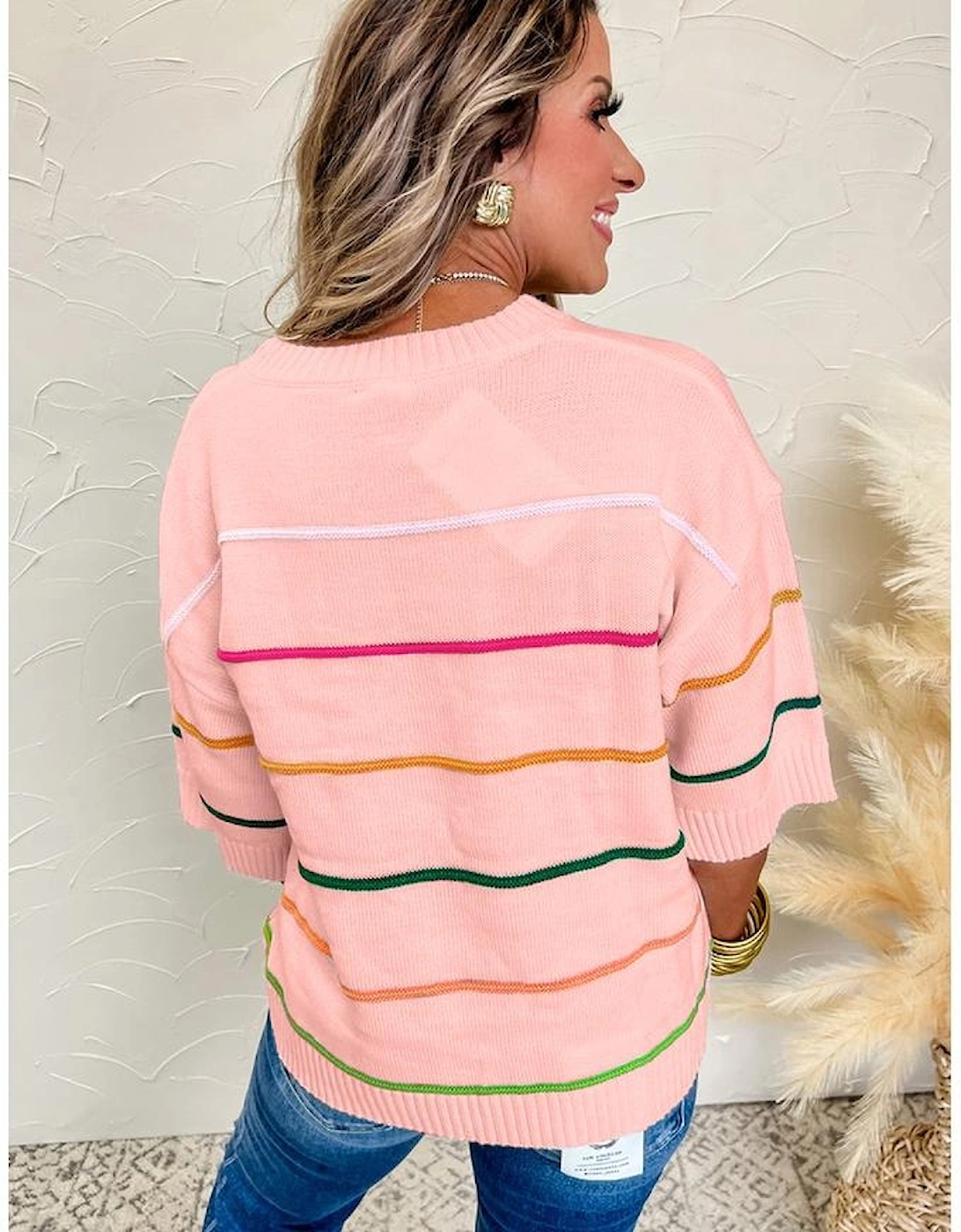 Pink Colorblock Striped Half Sleeve Drop Shoulder Sweater, 3 of 2