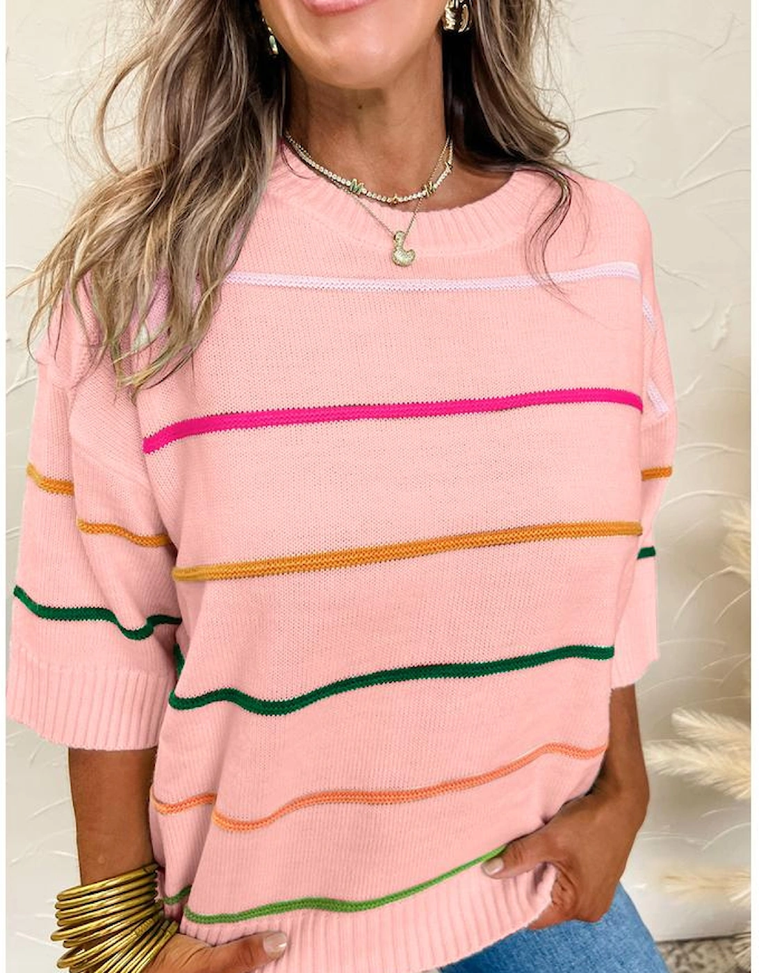 Pink Colorblock Striped Half Sleeve Drop Shoulder Sweater