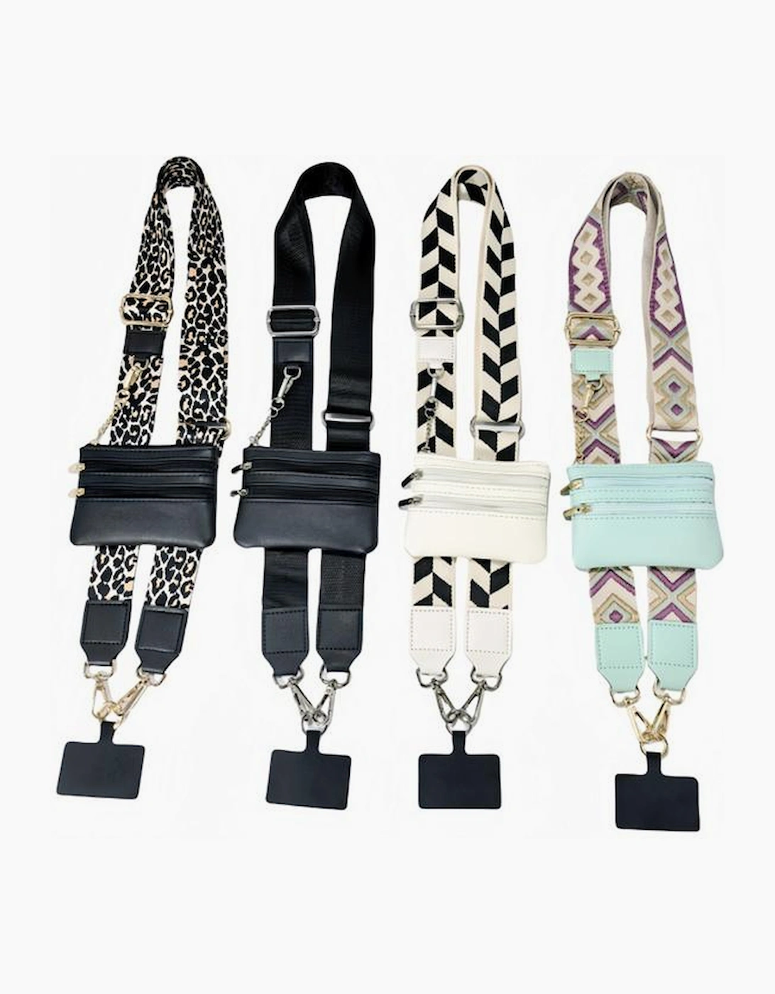 Black Geometric Printed Phone Strap And Detachable Zipped Pouch