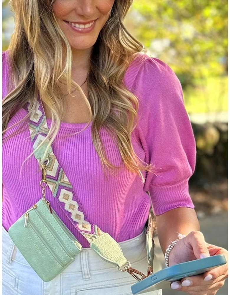 Sea Green Geometric Printed Phone Strap And Detachable Zipped Pouch