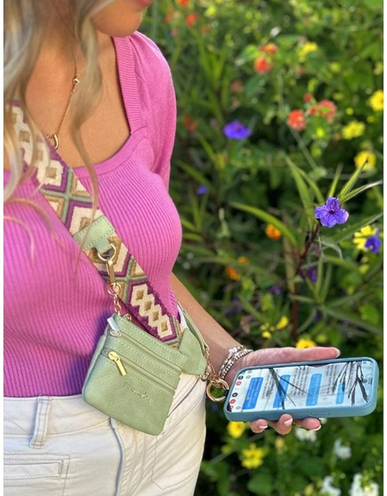 Sea Green Geometric Printed Phone Strap And Detachable Zipped Pouch