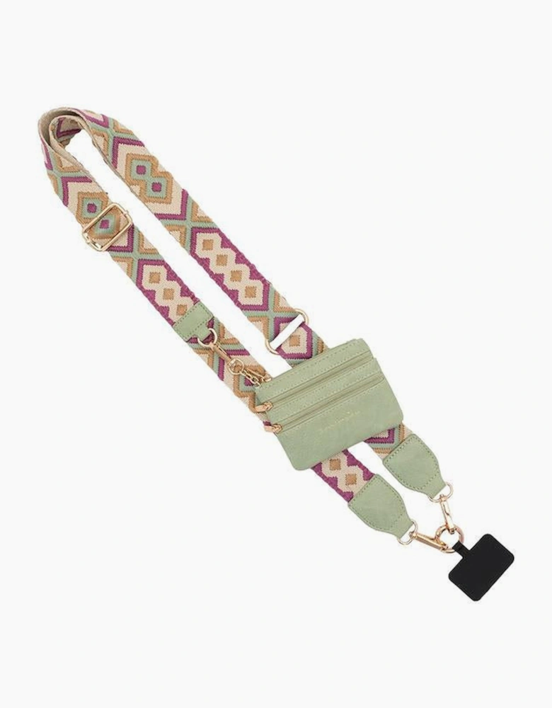 Sea Green Geometric Printed Phone Strap And Detachable Zipped Pouch