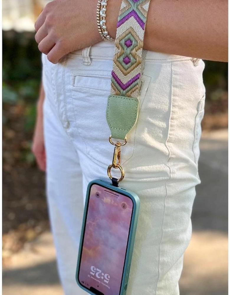 Sea Green Geometric Printed Phone Strap And Detachable Zipped Pouch