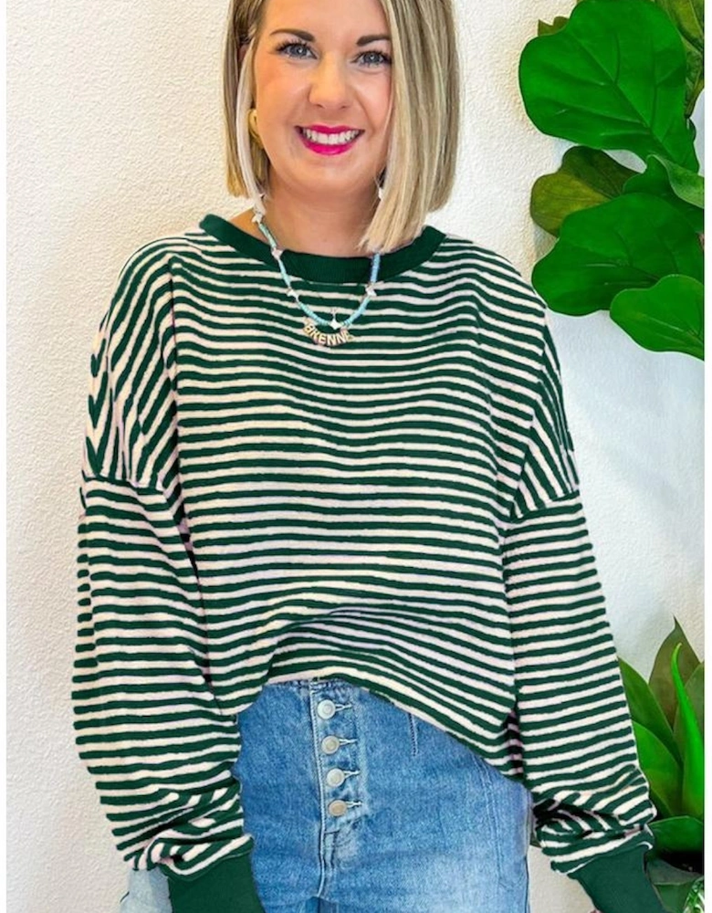 Green Stripe Loose Drop Shoulder Long Sleeve Top