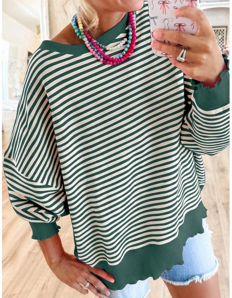 Green Stripe Loose Drop Shoulder Long Sleeve Top
