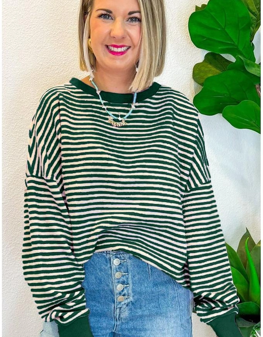 Green Stripe Loose Drop Shoulder Long Sleeve Top