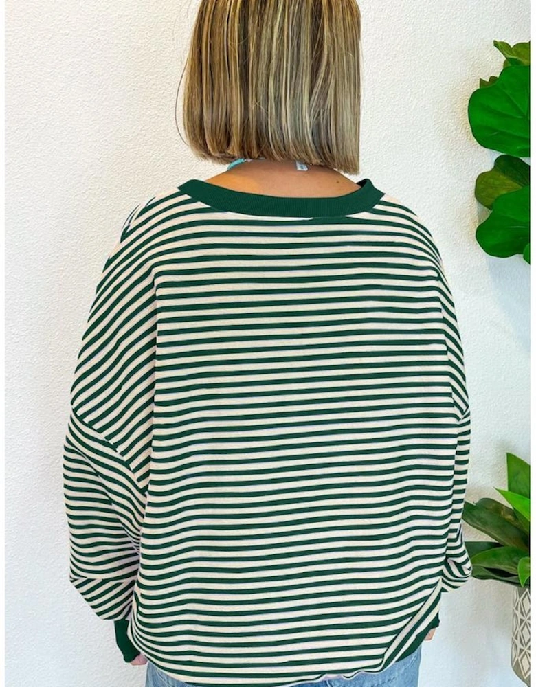 Green Stripe Turkey Pattern Drop Shoulder Pullover Top