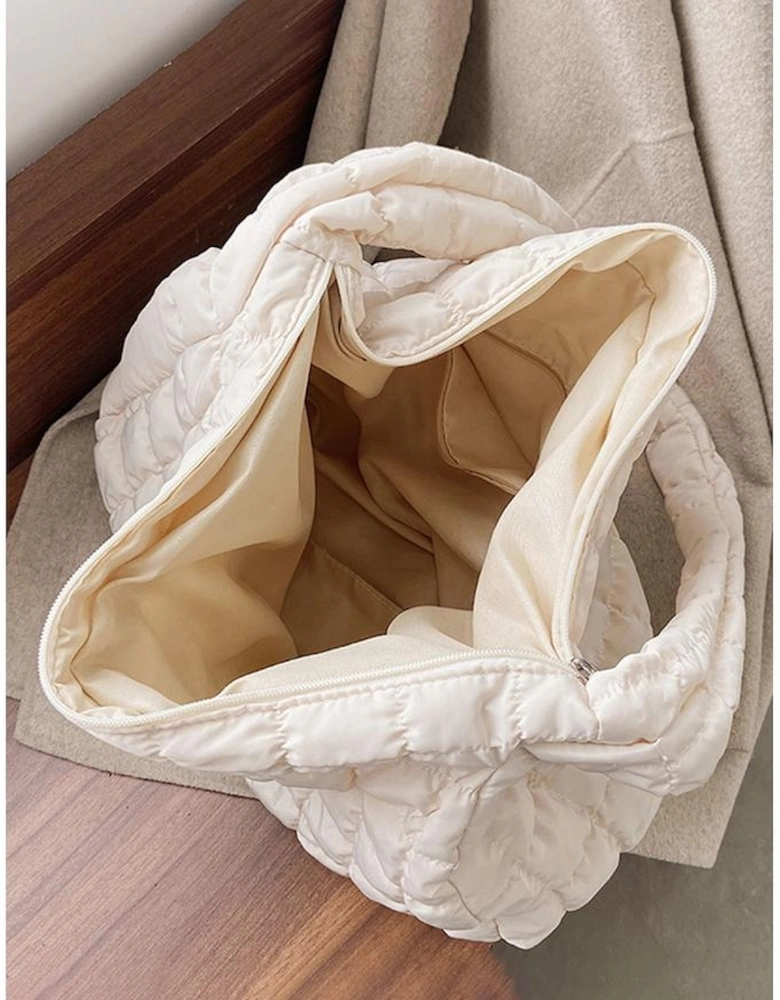 White Quilted Zipper Large Shoulder Bag