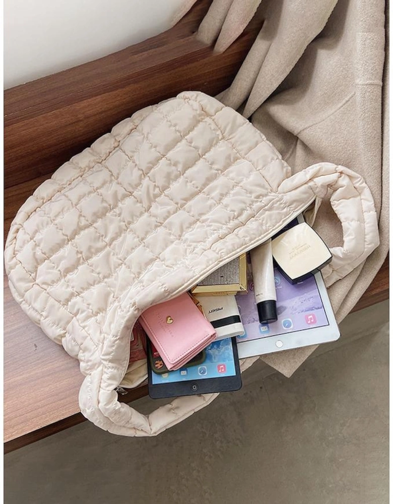 White Quilted Zipper Large Shoulder Bag