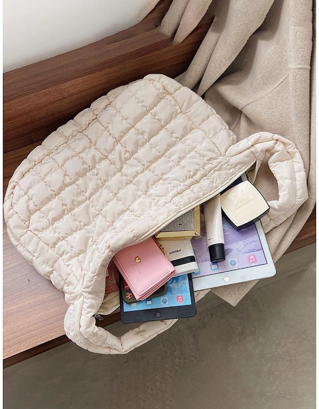 White Quilted Zipper Large Shoulder Bag