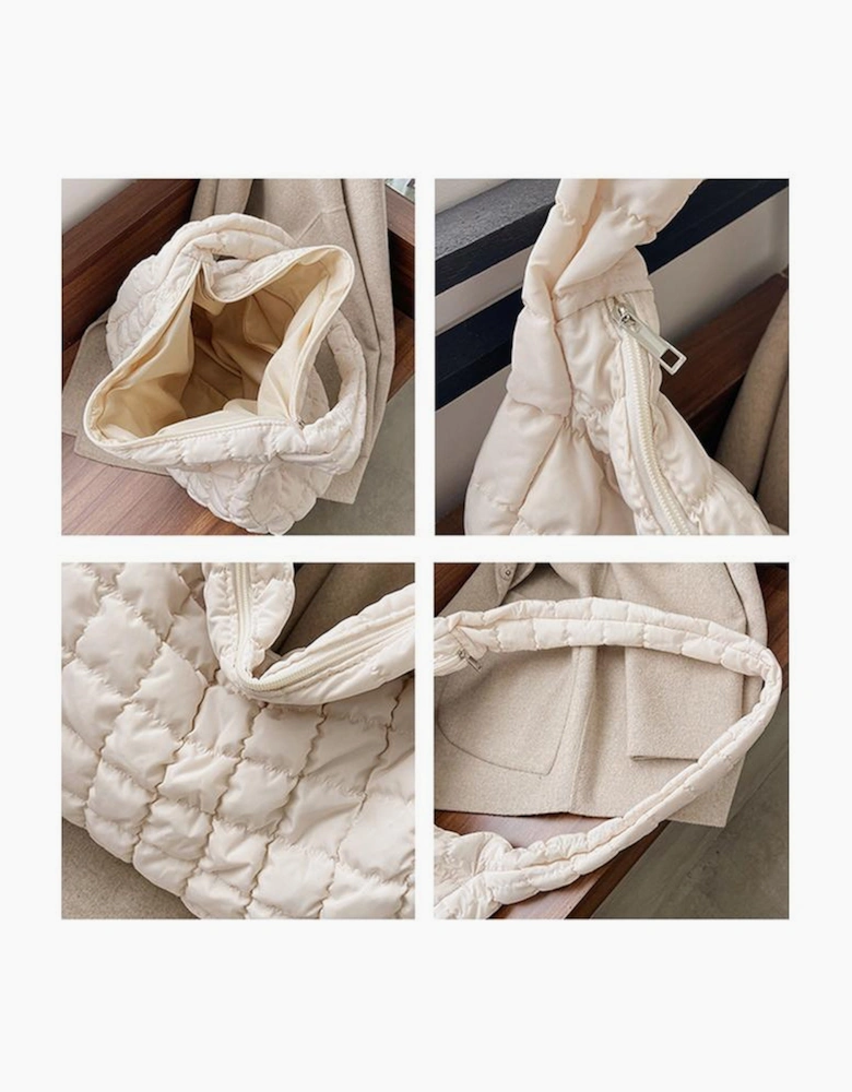 White Quilted Zipper Large Shoulder Bag