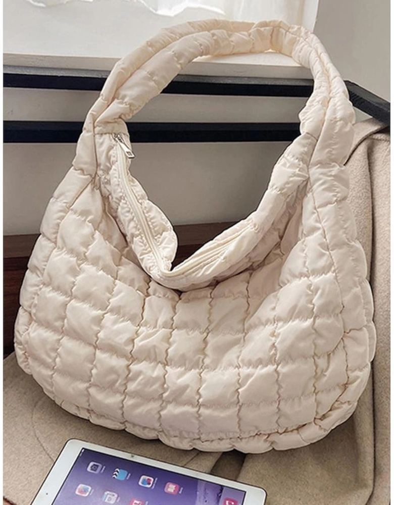 White Quilted Zipper Large Shoulder Bag